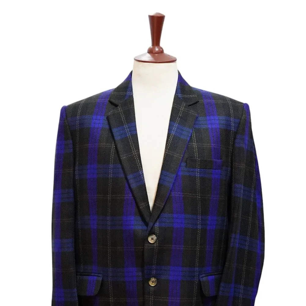 Mens Wool Sport Coat 44R Black Royal Blue Plaid Blazer 2 Button Wedding Formal